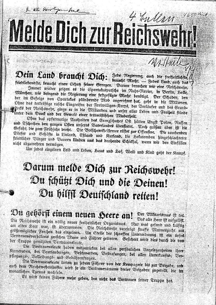 Abbildung 3: Werbeplakat der Reichswehr, 1919 (Generallandesarchiv Karlsruhe 456 F 6 Nr. 296)